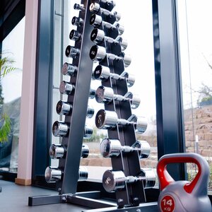 Abbildung eines verschiedener Fitnessgeräte & Hanteln