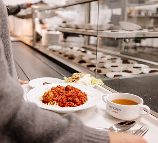 Picture of spaghetti bolognese on a tray in the canteen